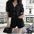 Black diamond puff sleeve top + high waist shorts set